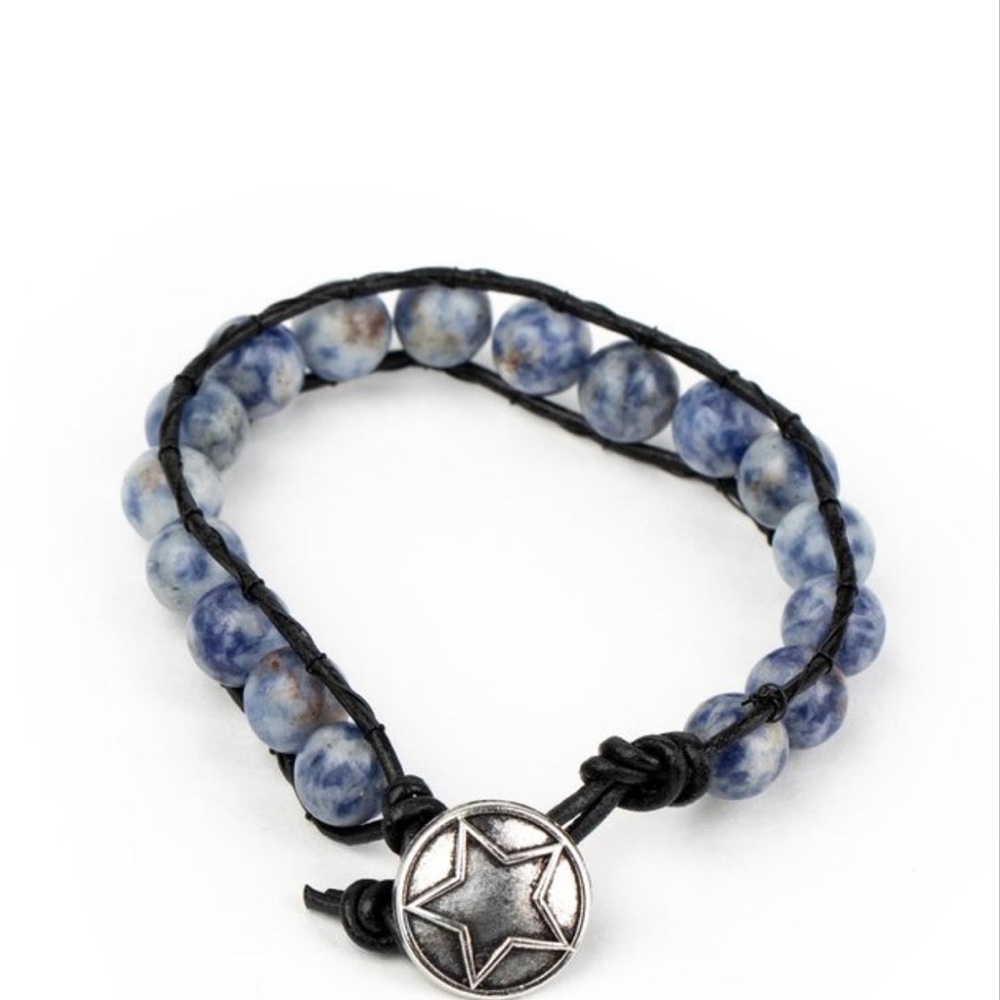 Handmade Boho Blue Natural Stone Beaded Leather Bracelet Star Charm Southwestern